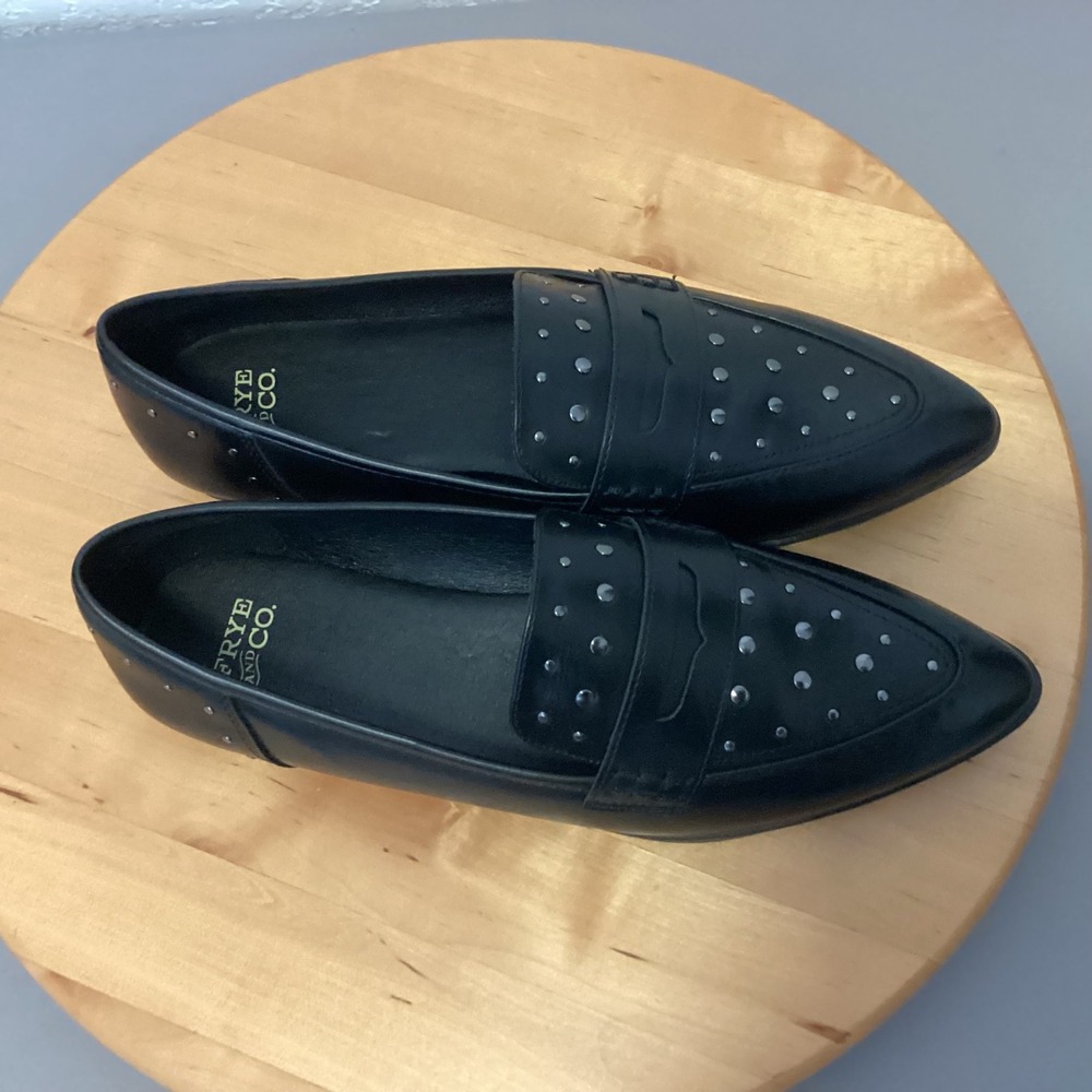 Frye and Co Elara Loafers Women 7.5 Black Studded Pointed Toe Penny Flats